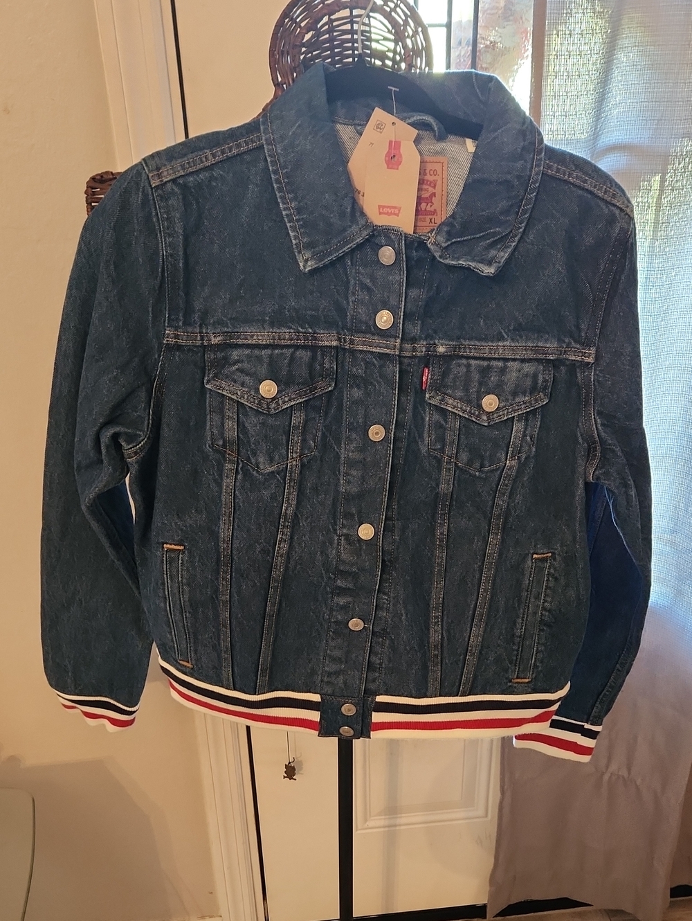 Levi's Indigo Denim Jacket with Red-White-Blue Striped Hem
